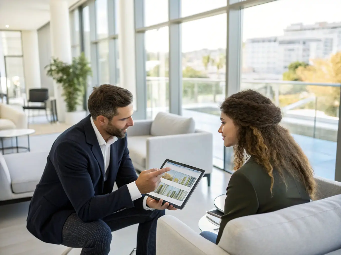An image showcasing modern office and residential spaces available for lease, with clients and agents engaging in discussions, representing SGV Holdings' Leasing Solutions.